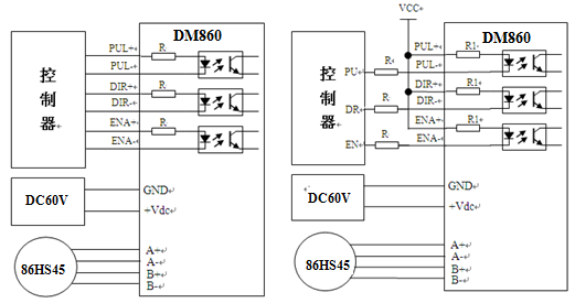 DM860配86HS45典型接法(差分接法) DM860配86HS45典型接法(共阳极接法) 注意: 1、在图中接法中VCC=5V时,信号端无需串联电阻;VCC=12V时,信号端需要串联1K左右的电阻,R=1K/0.25W;VCC=24V时,信号端需要串联2K左右的电阻,R=2K/0.25W。 2、驱动器内部限流电阻270